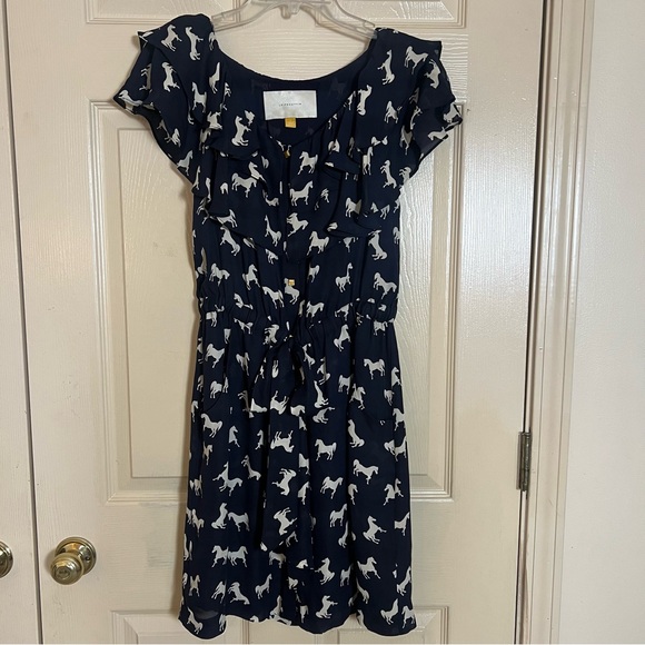 Anthropologie Leifsdottir Andalusian Horse Navy White Ruffle Silk Dress - Picture 2 of 8